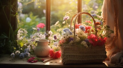 Obraz na płótnie Canvas A basket of flowers sitting on a window sill
