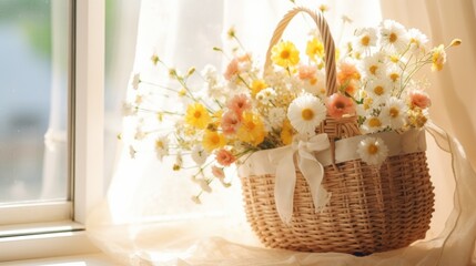 Fototapeta na wymiar A basket of flowers sitting on a window sill