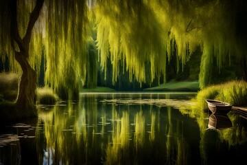 A serene pond surrounded by weeping willow trees and their cascading branches.
