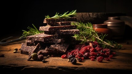 Pemmican is a mixture of tallow, dried meat, and sometimes dried berries. American indigenous cuisine.