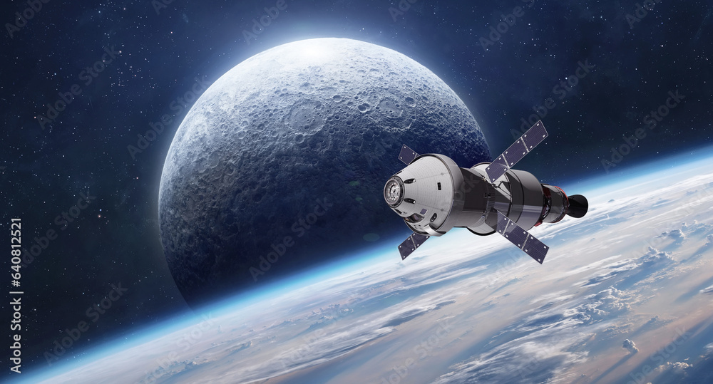 Aufkleber spacecraft on orbit of earth planet. mission on moon. moon and earth in deep dark space. elements of