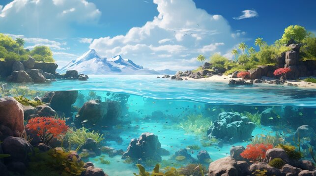  an underwater scene with rocks, plants, and a body of water.  generative ai