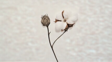  two cotton flowers are shown against a white wallpaper background.  generative ai