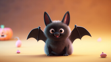 Halloween design concept. 3d cute black bat character on blurred background with halloween ornament
