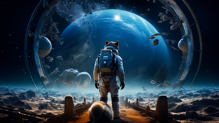 Fantasy portrait of astronaut Animal in space wearing helmet and full space suit, the moon in behind,  fantasy, science fiction,  - obrazy, fototapety, plakaty