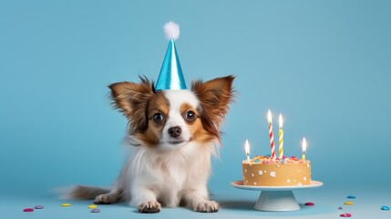  a small dog sitting next to a birthday cake with lit candles.  generative ai