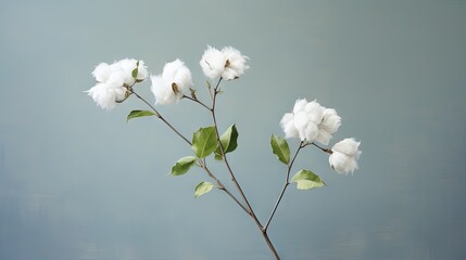  a white flower with green leaves on a branch against a blue background.  generative ai