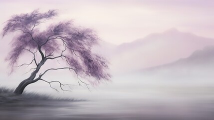  a painting of a tree in a foggy field with mountains in the background.  generative ai
