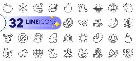 Outline set of Worms, Snow weather and Sunrise line icons for web with Green energy, Cherry, Pillow thin icon. Rainbow, Snowflake, Beans pictogram icon. Moon stars, Leaves, Pecan nut. Vector