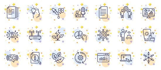 Outline set of Cogwheel, Swipe up and Sunscreen line icons for web app. Include Podcast, Chemistry pipette, Wifi pictogram icons. File, Search, Eco power signs. Web traffic. Vector