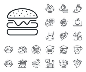 Fast food sign. Crepe, sweet popcorn and salad outline icons. Burger line icon. Hamburger sandwich symbol. Burger line sign. Pasta spaghetti, fresh juice icon. Supply chain. Vector
