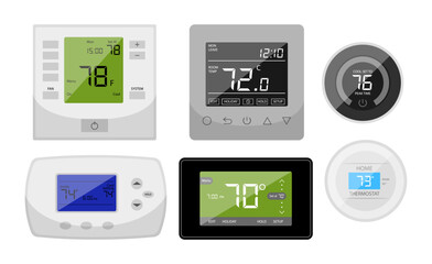 Set of home digital thermostats in a cartoon style. Vector illustration of different temperature thermostats for heating or cooling isolated on white background. Automatic thermostats.