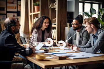 Colleagues sit at the table and have a discussion in the office. Team at a meeting in the boardroom. Generative AI