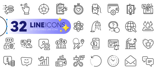 Outline set of Factory, Wallet and Internet line icons for web with Waterproof, Time management, Dots message thin icon. Card, Star target, Travel loan pictogram icon. Biometric security. Vector