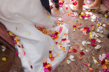 Robe de mariée et pétales de fleurs