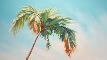 Fototapeta na wymiar a painting of a palm tree with a blue sky in the background. generative ai