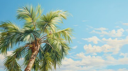 Fototapeta premium a painting of a palm tree against a blue sky with clouds. generative ai