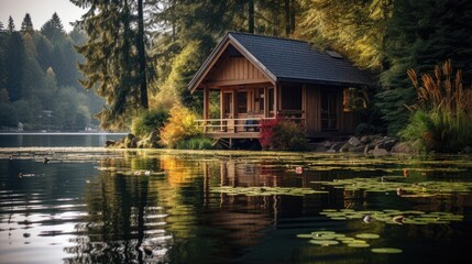 Obraz premium A wooden house at a lake