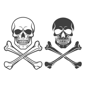Vector Black and White Skull and Crossbones Icon Set Isolated. Skulls Collection with Outline, Cut Out Style in Front View. Hand Drawn Skull Head Design Template