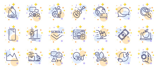 Fototapeta na wymiar Outline set of Internet pay, Fisherman and Dots message line icons for web app. Include Engineering team, Employee, Charging time pictogram icons. Line chart, Delivery cart, Scroll down signs. Vector