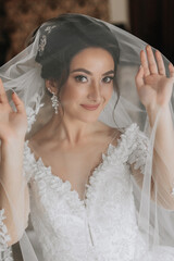 Close-up shot of an elegant brunette bride in a white dress posing under a veil close-up. Bride portrait, professional wedding makeup and hairstyle, bridal fashion. Beautiful bride in a veil