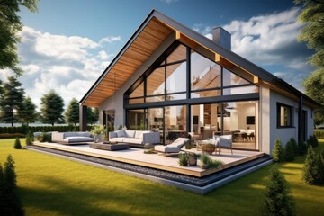 A contemporary house with a stylish covered patio and inviting outdoor furnishings created with Generative AI technology