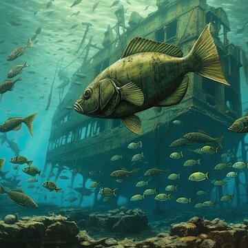 Fish Swimming Through Shipwreck, Generative AI Illustration