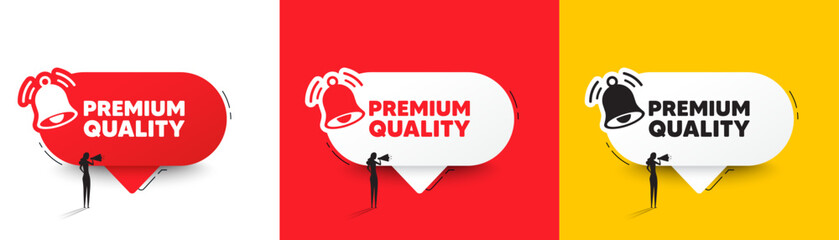 Premium quality tag. Speech bubbles with bell and woman silhouette. High product sign. Top offer symbol. Premium quality chat speech message. Woman with megaphone. Vector