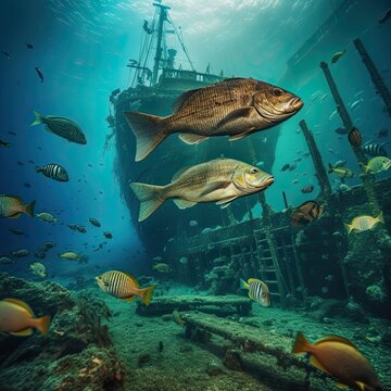 Fish Swimming Through Shipwreck, Generative AI Illustration