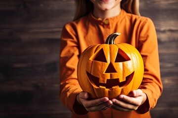 Girl with pumpkin Jack-o'-lantern, autumn and halloween holidays concept