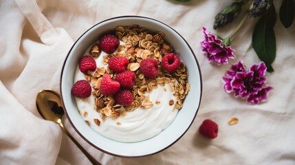  a bowl of yogurt with raspberries and granola.  generative ai