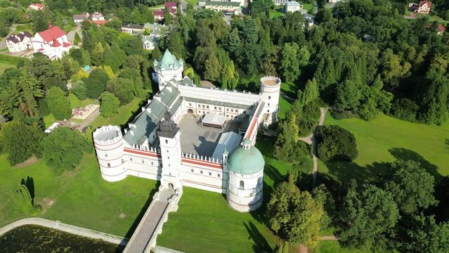 Krasiczyn, Subcarpathian, Poland - 21 August 2023: Renaissance palace complex in Krasiczyn with the adjacent English park  