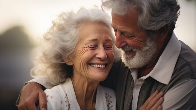 Portrait of an elderly happy couple in love. The woman leaned her head on the mans shoulder.