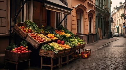 Obraz premium Fruit Stand on European Street, Generative AI Illustration