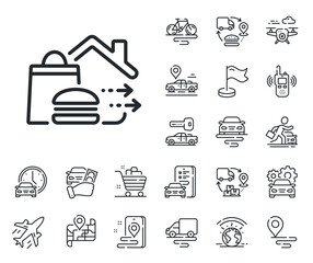 Burger meal sign. Plane, supply chain and place location outline icons. Food delivery line icon. Catering service symbol. Food delivery line sign. Taxi transport, rent a bike icon. Travel map. Vector