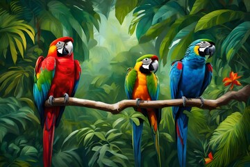 A pair of colorful parrots perched amidst the lush foliage of a tropical rainforest.
