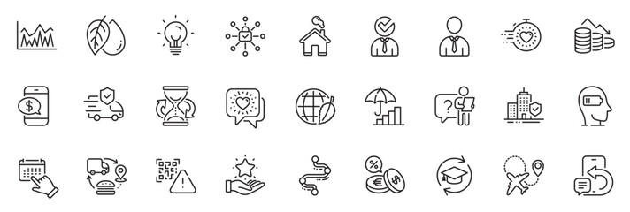 Fototapeta na wymiar Icons pack as Security lock, Loyalty program and Transport insurance line icons for app include Timeline, Home, Friends chat outline thin icon web set. Mineral oil, Inflation. Vector