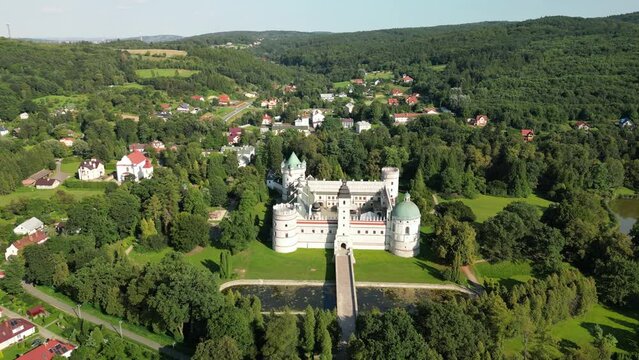 Krasiczyn, Subcarpathian, Poland - 21 August 2023: Renaissance palace complex in Krasiczyn with the adjacent English park  