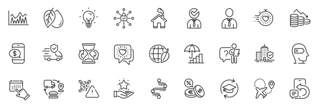 Icons pack as Security lock, Loyalty program and Transport insurance line icons for app include Timeline, Home, Friends chat outline thin icon web set. Mineral oil, Inflation. Vector