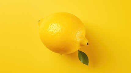  a lemon with a green leaf on a yellow background with a shadow.  generative ai