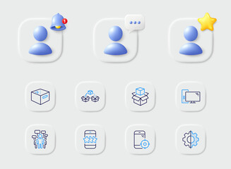 Voting campaign, Star and Computer line icons. Placeholder with 3d star, reminder bell, chat. Pack of Packing boxes, Office box, Parcel shipping icon. Seo phone, Transform pictogram. Vector