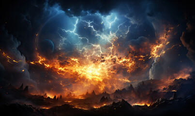 Galactic fantasy landscape. Fiery landscape of the planet.