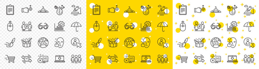 Outline Drag drop, User and Lock line icons pack for web with Internet downloading, Drums, Dirty water line icon. Group, Timer, Healthy face pictogram icon. Delivery shopping, Umbrella. Vector