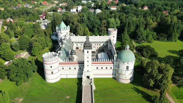Krasiczyn, Subcarpathian, Poland - 21 August 2023: Renaissance palace complex in Krasiczyn with the adjacent English park  