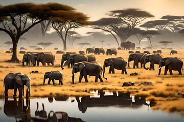 A panoramic view of a sprawling savannah, with a herd of elephants in the distance.
