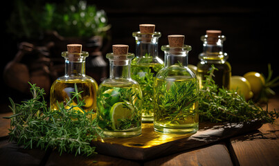 Bottles with oil, herbs on a table on a dark background.