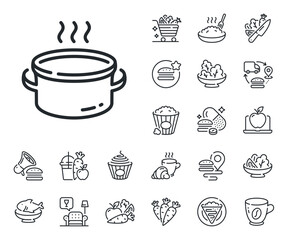 Kitchen pot sign. Crepe, sweet popcorn and salad outline icons. Saucepan line icon. Food cooking utensils symbol. Saucepan line sign. Pasta spaghetti, fresh juice icon. Supply chain. Vector