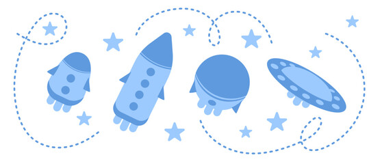 Set of spaceships in blue tones on a white background. Flat vector illustration.