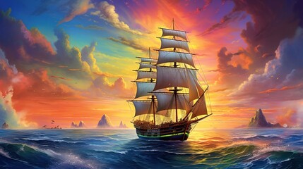 Fototapeta premium a painting of a sailboat in the ocean at sunset. generative ai