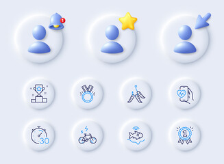 Reward, Timer and Fishfinder line icons. Placeholder with 3d cursor, bell, star. Pack of Honor, Maggots, E-bike icon. Cardio training, Winner cup pictogram. For web app, printing. Vector